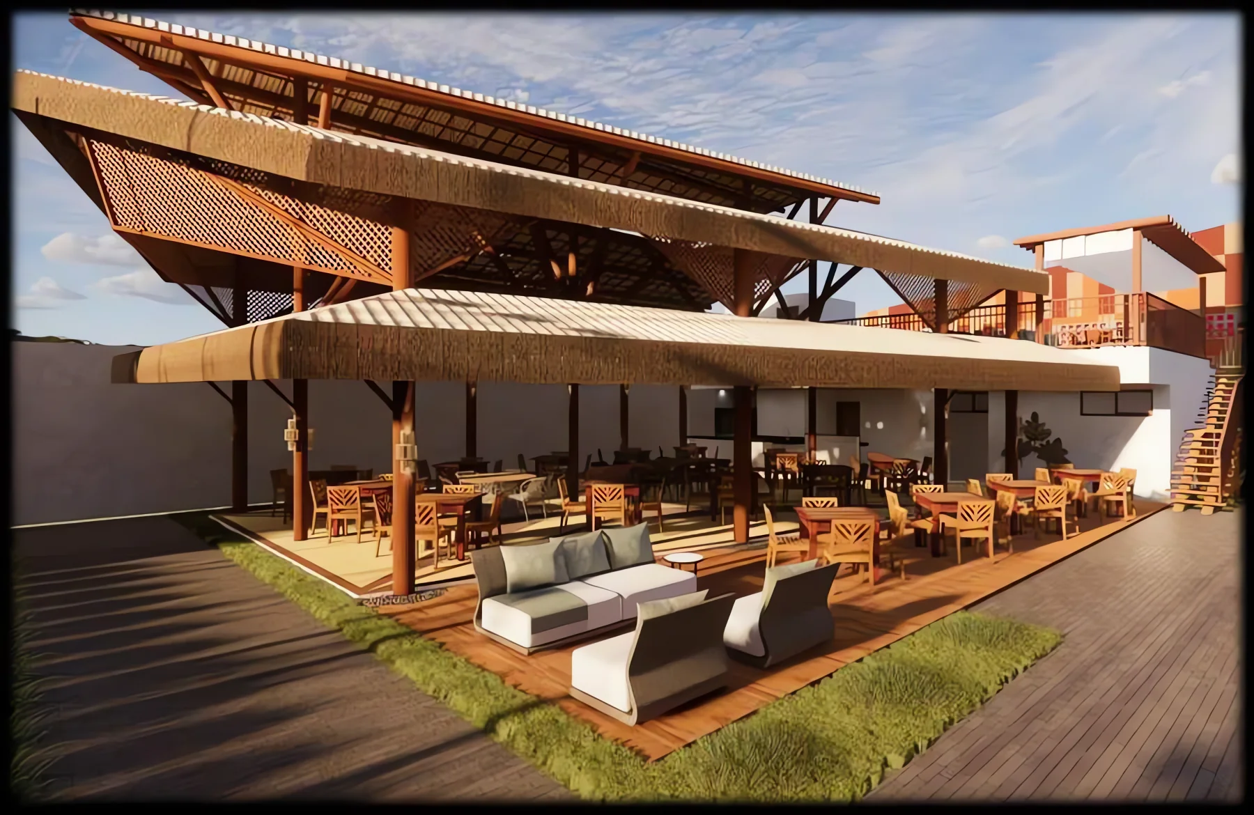 Restaurante Arena Zen com coberturas em palha sobre estrutura de madeira, deque e mesas ao ar livre