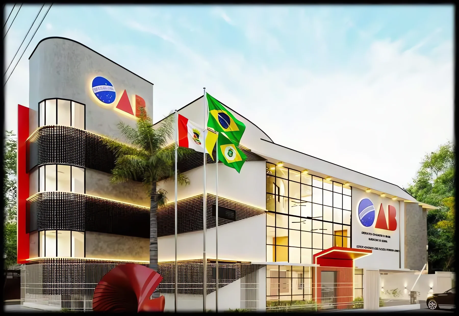 Sede da OAB Sobral em perspectiva, com mastros de bandeiras, cobogó metálico nos pavimentos e letreiro iluminado