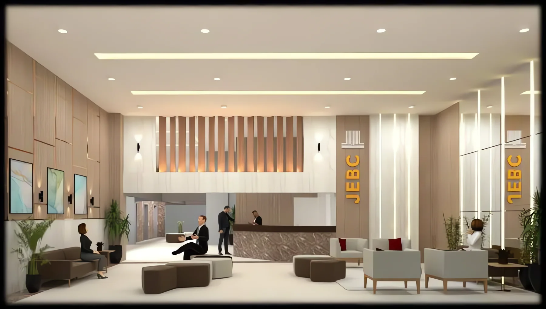 Lobby do JEBC com pé-direito duplo, balcão de recepção iluminado, ripado de madeira e poltronas em tons neutros