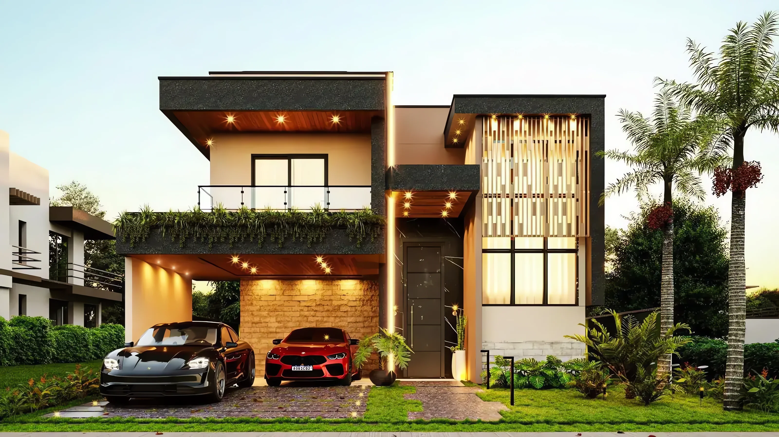 Fachada de residência contemporânea ao anoitecer, com painel vazado iluminado por dentro e varanda com vegetação pendente