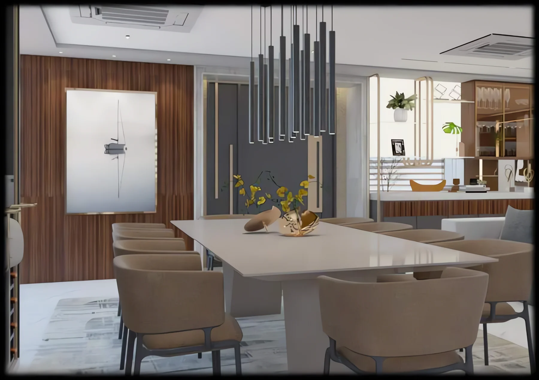 Sala de jantar integrada à cozinha, com mesa clara para oito lugares, pendentes tubulares pretos e painel de madeira ao fundo