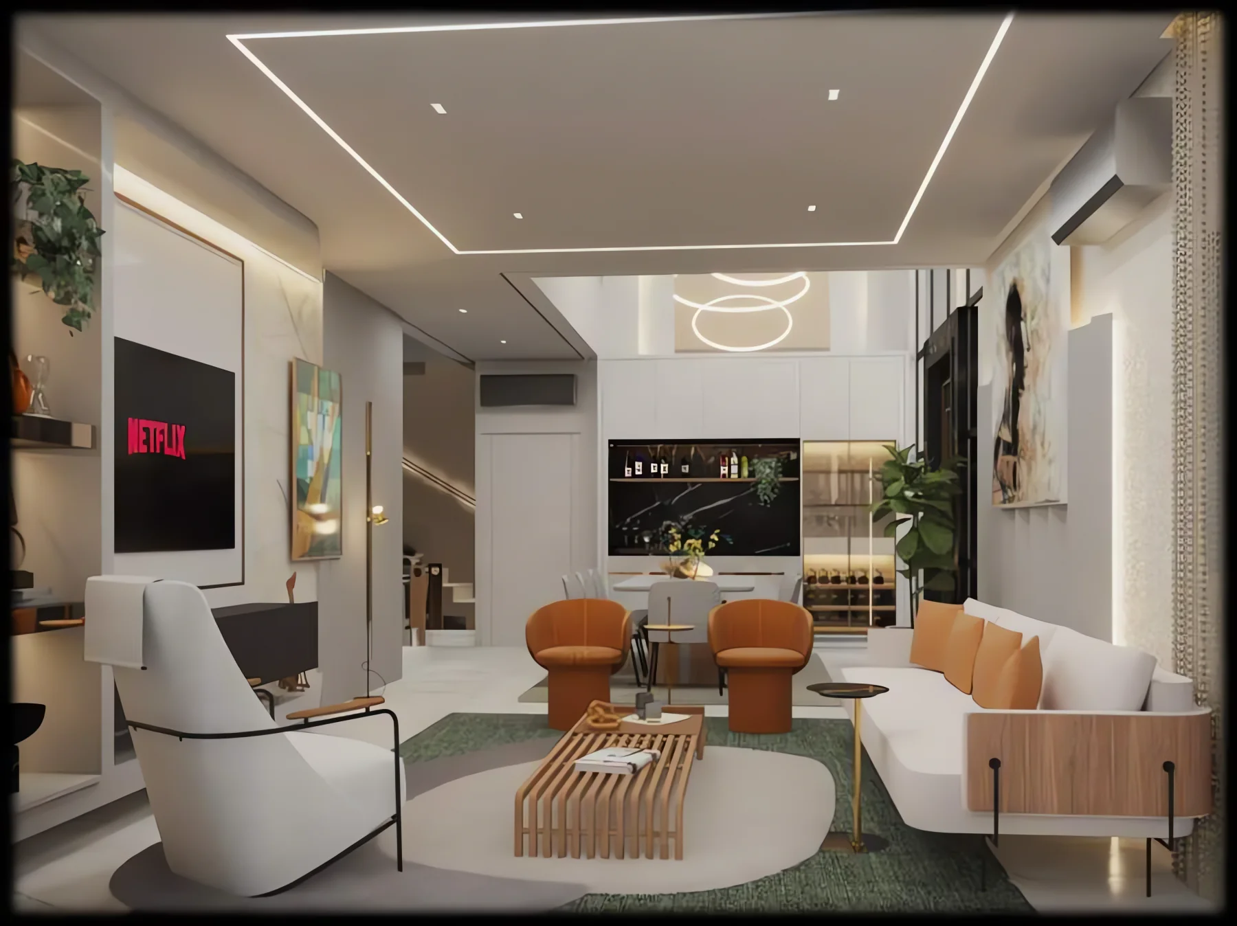 Living com home theater, poltronas em couro caramelo, tapete verde e sanca iluminada desenhando o teto