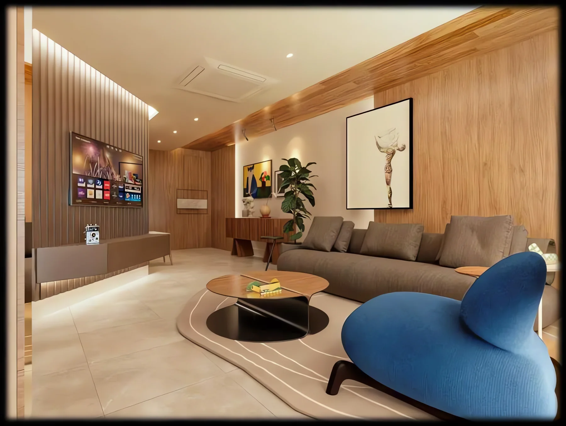 Estar com painel ripado de madeira do piso ao teto, sofá em L, poltrona curva azul e televisão embutida na parede