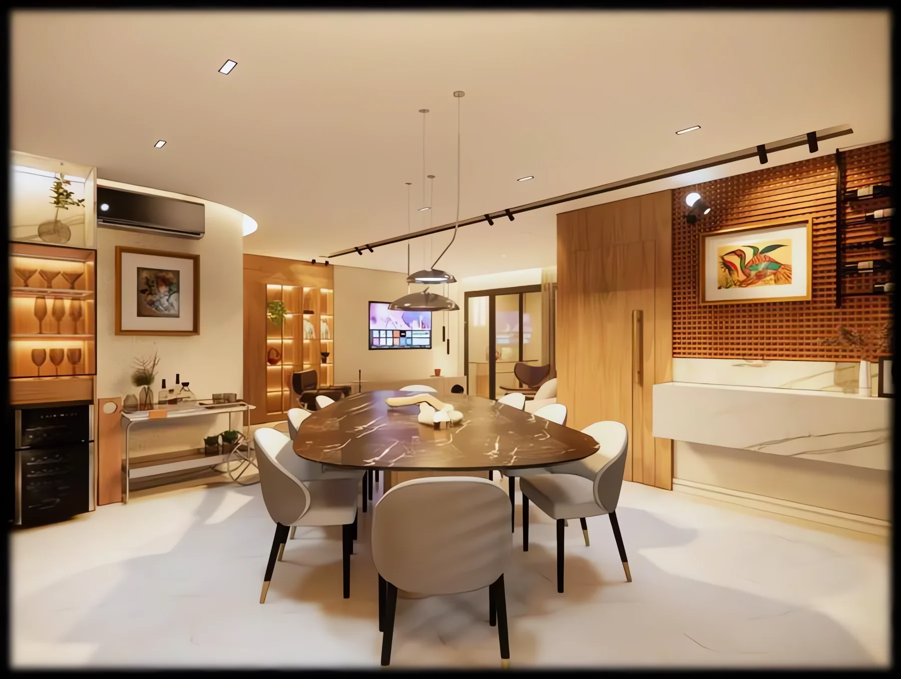 Sala de jantar com mesa oval em pedra escura, adega climatizada envidraçada e parede revestida em tijolinho