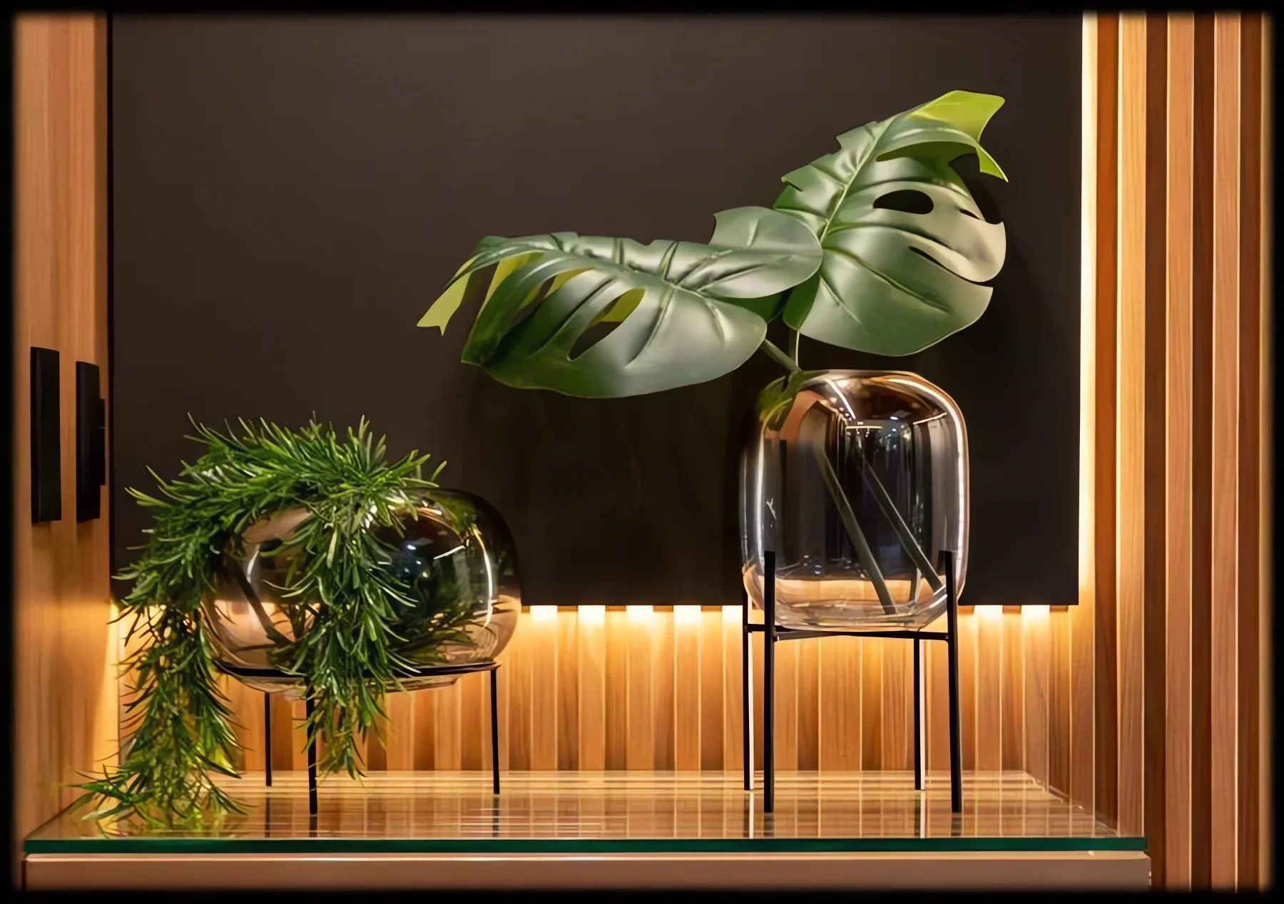 Nicho iluminado com dois vasos de vidro âmbar sobre bases metálicas, folhas de costela-de-adão e fundo ripado em madeira