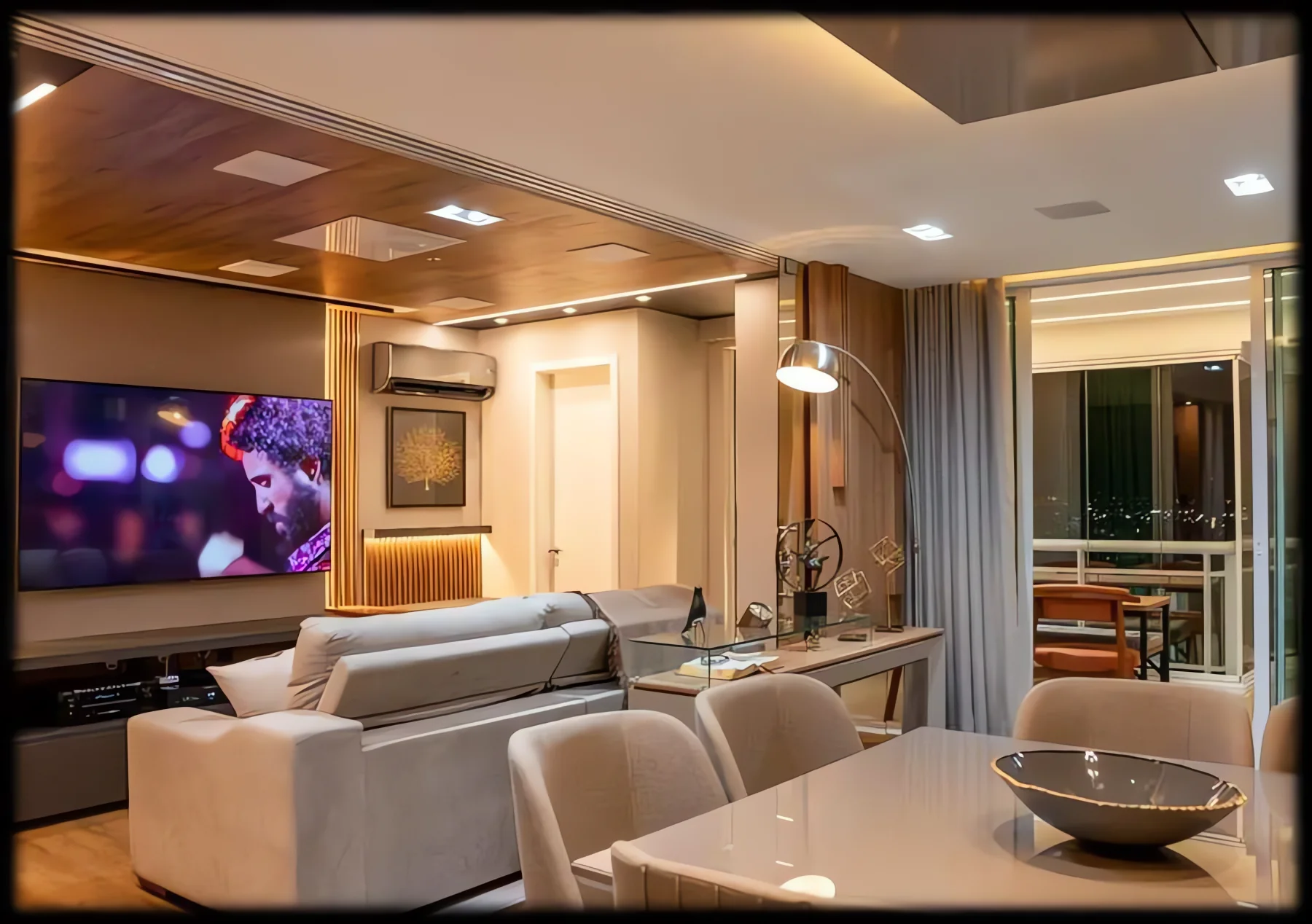 Living de apartamento com televisão sobre painel de madeira, sofá claro, mesa de jantar em pedra e varanda ao fundo