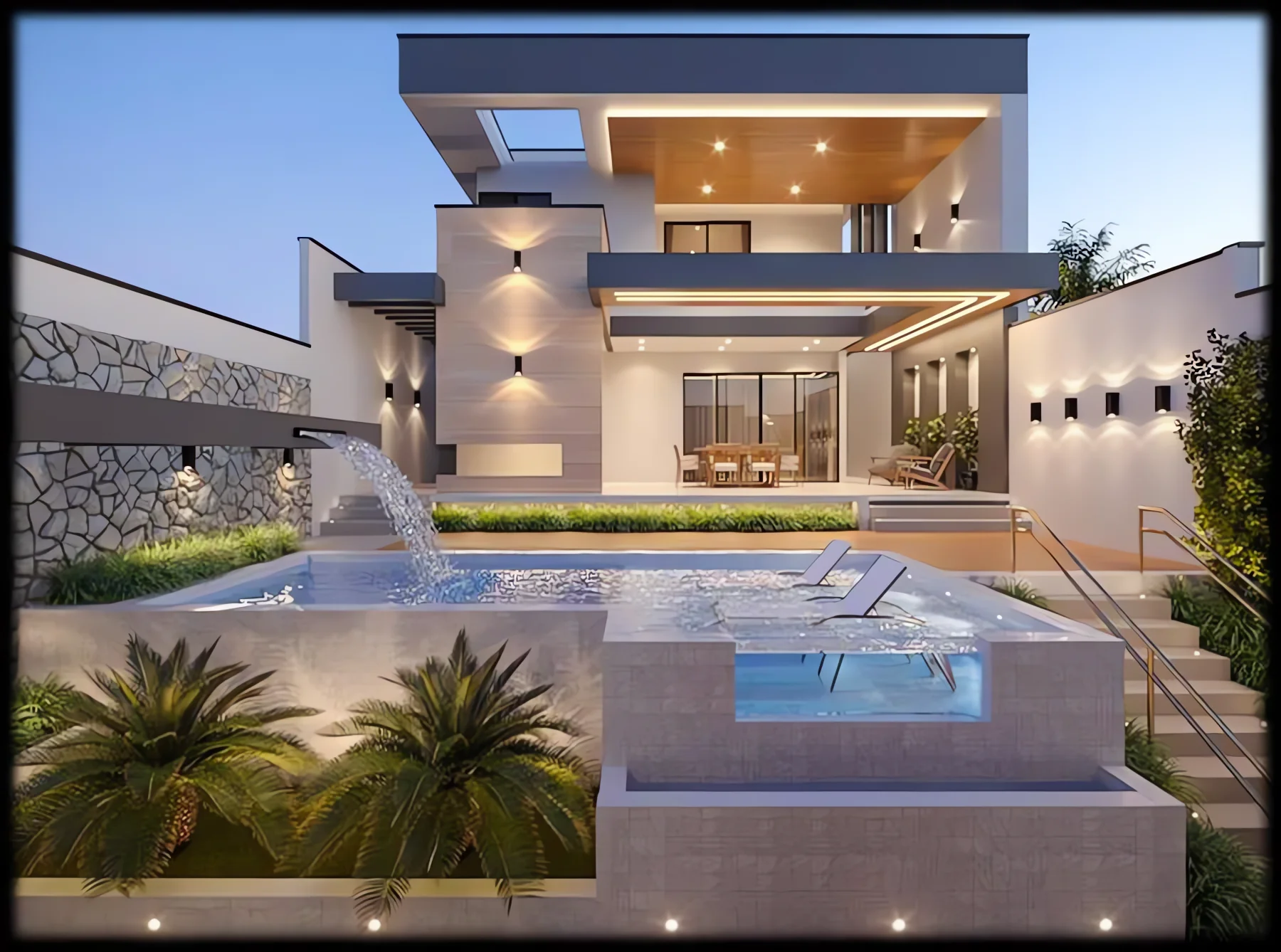 Área de lazer com piscina, cascata de parede e spa elevado, tendo ao fundo o living envidraçado da residência