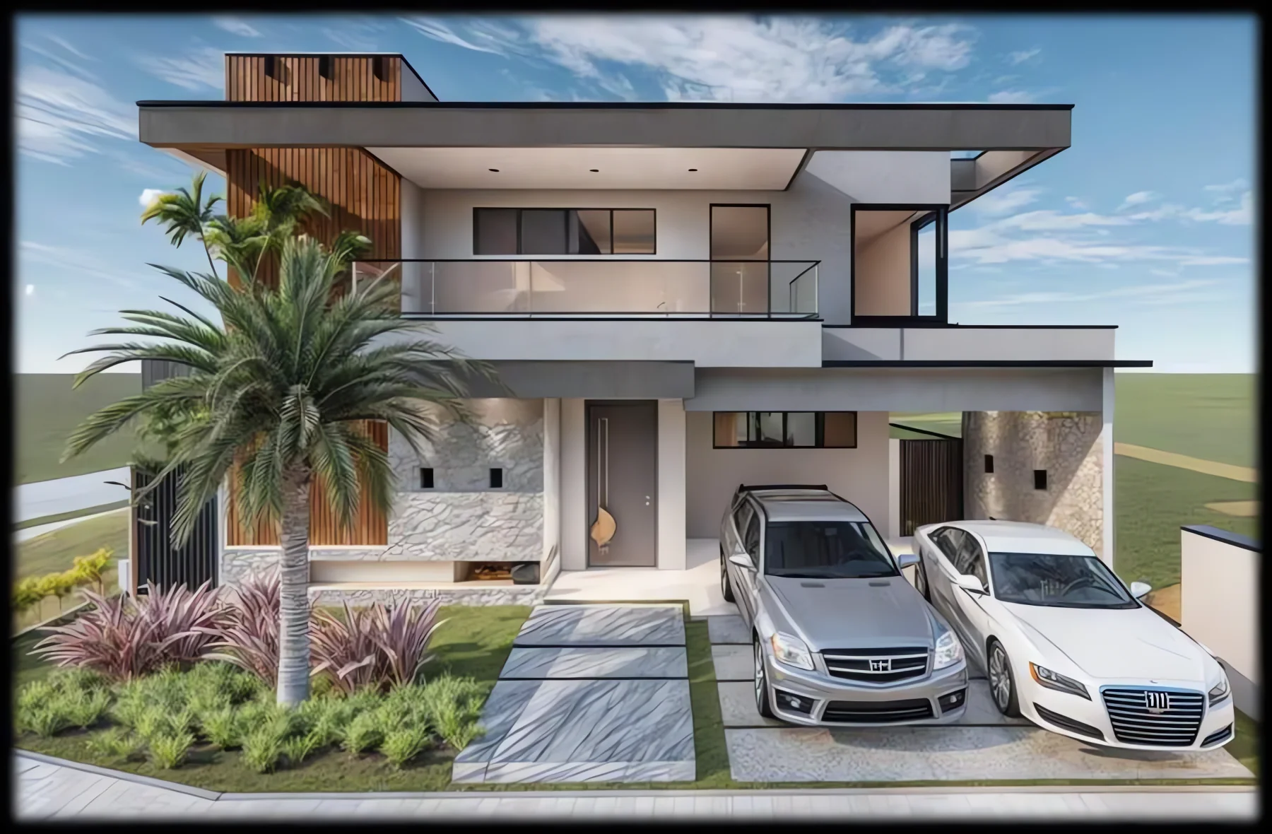 Fachada de sobrado contemporâneo com brise de madeira no pavimento superior, revestimento em pedra e palmeira no jardim