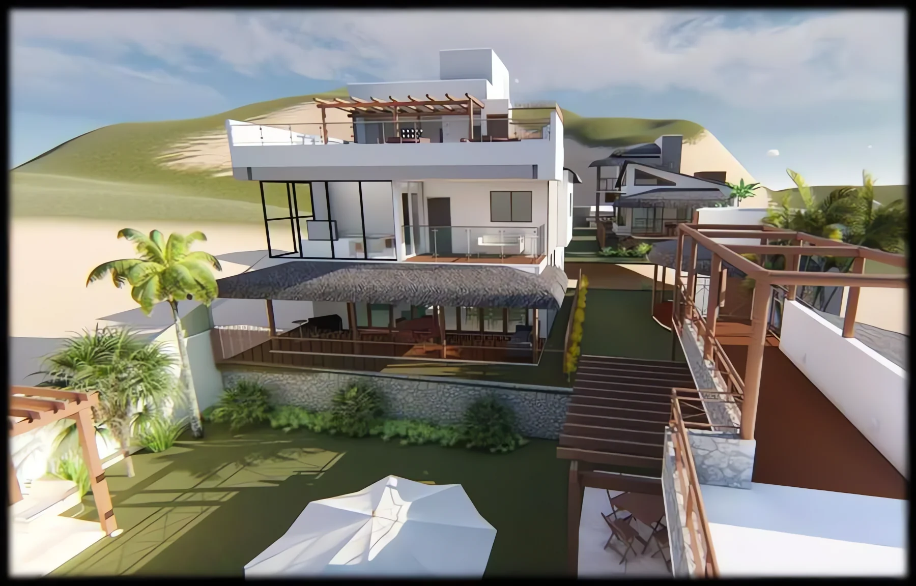 Casa implantada em plataformas na encosta, com deques de madeira, pergolado na cobertura e terreno em declive ao redor